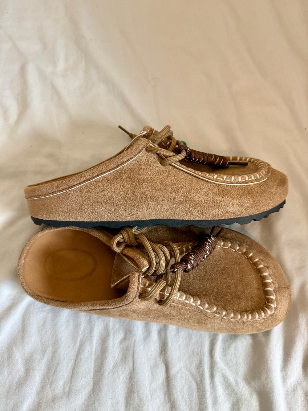 Tan Suede Women's Moccasin Slip-Ons with Colorful Bead Accents - Picture 3 of 8